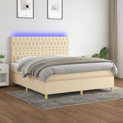 Pat cu arcuri, saltea și LED, crem, 160x200 cm, textil GartenMobel Dekor