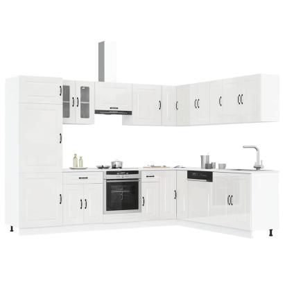Set dulap de bucătărie 14 piese „Kalmar” alb lucios Lemn GartenMobel Dekor
