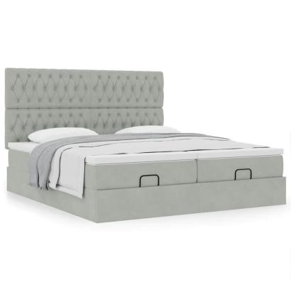 Cadru de pat otoman cu saltele Gri deschis 200x200cm catifea GartenMobel Dekor