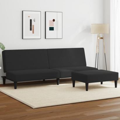 Canapea extensibilă cu taburet, 2 locuri, negru, catifea GartenMobel Dekor