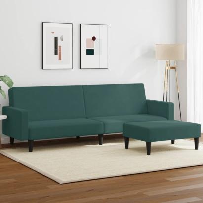 Canapea extensibilă cu taburet, 2 locuri, verde închis, catifea GartenMobel Dekor