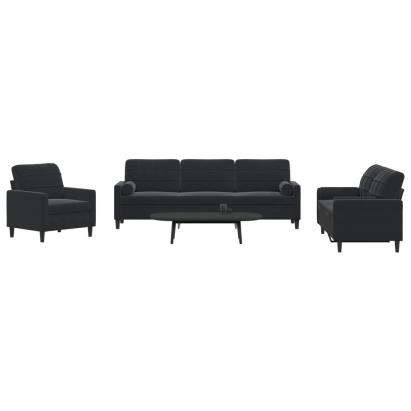 Set de canapele cu perne/rulouri, 3 piese, negru, catifea GartenMobel Dekor