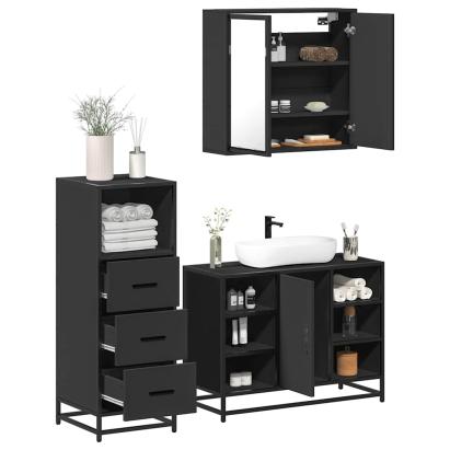 Set mobilier de baie, 3 piese, negru, lemn compozit GartenMobel Dekor