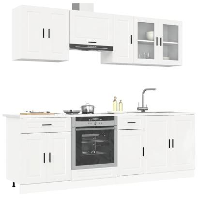 Set dulap de bucătărie 8 piese „Kalmar” alb lucios Lemn GartenMobel Dekor