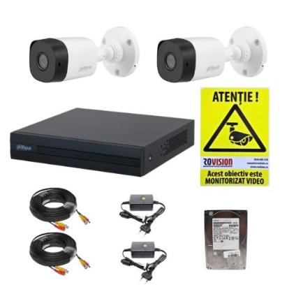 Kit supraveghere Dahua 2 camere 2MP lentila 3.6mm IR 20m IP67, DVR 4 canale WizSense 1080N/720p, accesorii montaj, HDD 500GB + CADOU Autocolant ROVISION SafetyGuard Surveillance