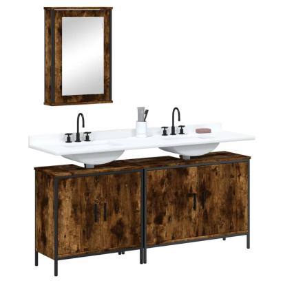 Set mobilier de baie, 3 piese, stejar fumuriu, lemn prelucrat GartenMobel Dekor