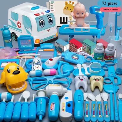 Set trusa de doctor pentru copii, 73 de piese, stetoscop, injectie, ambulanta, lumini, sunete, albastru MultiMark GlobalProd