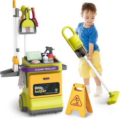 Set curatenie de jucarie, aspirator electric cu sunete, carucior, matura, solutii curatare, semnalizator podea umeda, 20 piese MultiMark GlobalProd