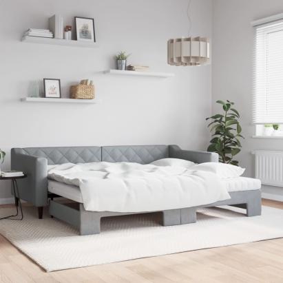 Pat de zi cu extensie și saltele, gri deschis 90x200 cm textil GartenMobel Dekor