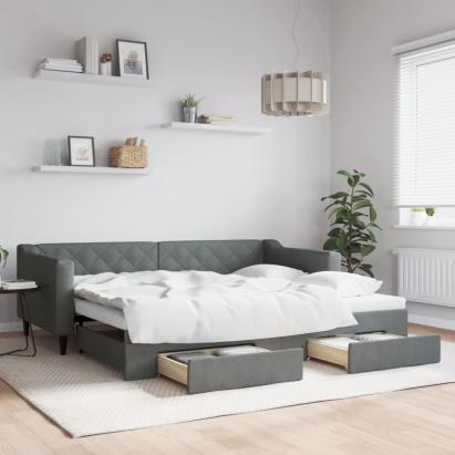 Pat de zi cu extensie și sertare, gri închis, 90x200 cm textil GartenMobel Dekor