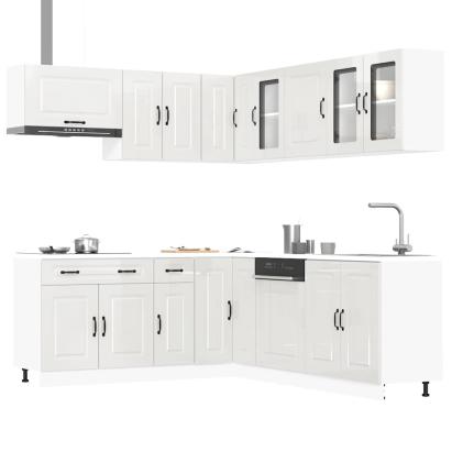 Set dulap de bucătărie 11 piese „Kalmar” alb lucios Lemn GartenMobel Dekor