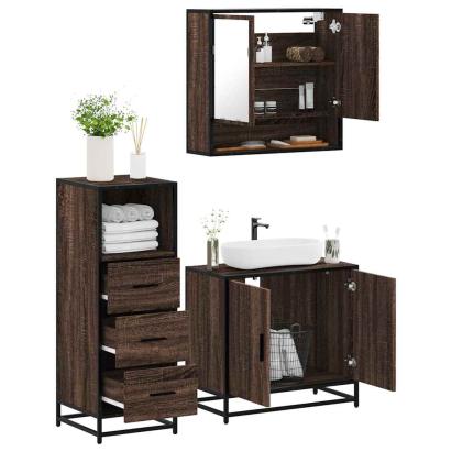 Set mobilier de baie, 3 piese, stejar maro, lemn prelucrat GartenMobel Dekor