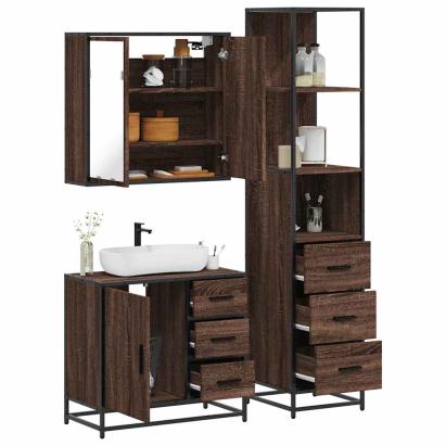 Set mobilier de baie, 3 piese, stejar maro, lemn prelucrat GartenMobel Dekor