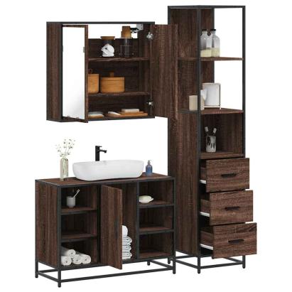 Set mobilier de baie, 3 piese, stejar maro, lemn prelucrat GartenMobel Dekor