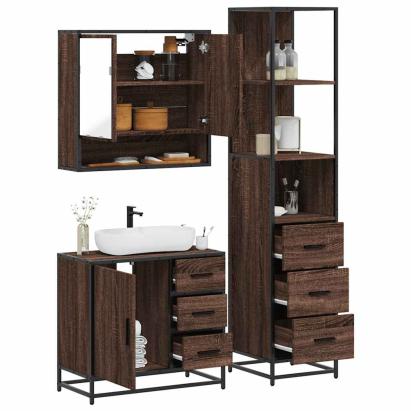 Set mobilier de baie, 3 piese, stejar maro, lemn prelucrat GartenMobel Dekor