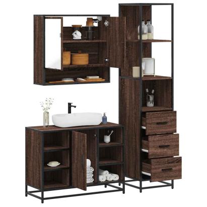 Set de mobilier de baie din 3 piese din lemn de stejar maro GartenMobel Dekor