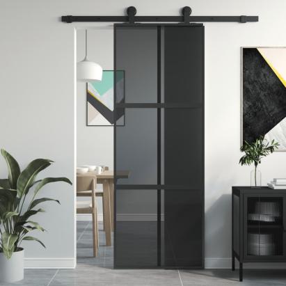 Ușă glisantă, negru, 76x205 cm, sticlă securizată și aluminiu GartenMobel Dekor