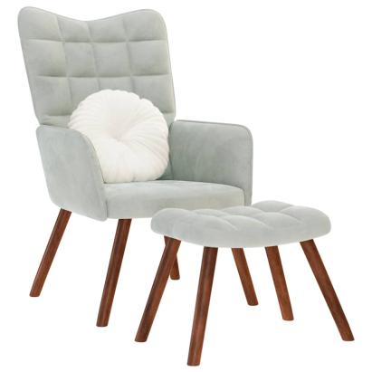 Scaun de relaxare cu taburet, gri deschis, catifea GartenMobel Dekor