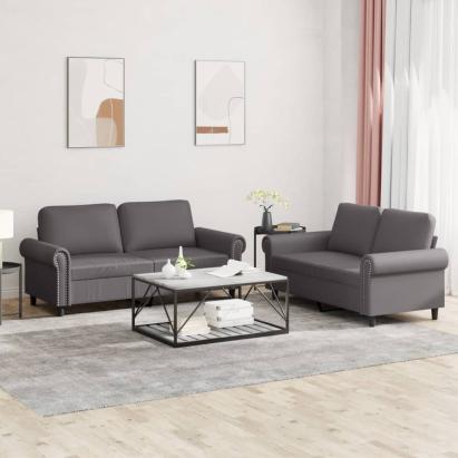 Set de canapele cu perne, 2 piese, gri, piele ecologică GartenMobel Dekor