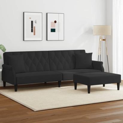 Canapea extensibilă cu pernuță și taburet 2locuri negru catifea GartenMobel Dekor