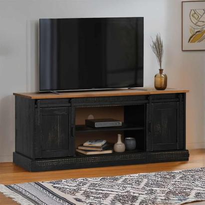 Dulap TV HALDEN 2 usi glisante negru 150x40x60 cm lemn masiv GartenMobel Dekor
