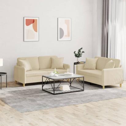 Set de canapele cu perne, 2 piese, crem, material textil GartenMobel Dekor