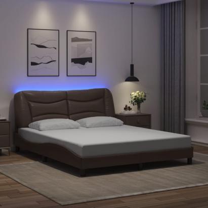 Cadru de pat cu lumini LED, maro, 160x200 cm, piele ecologică GartenMobel Dekor