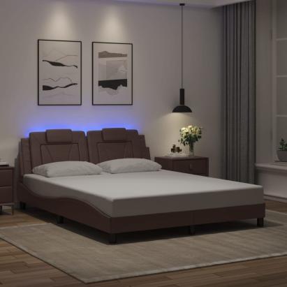 Cadru de pat cu lumini LED, maro, 160x200 cm, piele ecologică GartenMobel Dekor