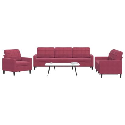Set canapea cu perne, 3 piese, roșu vin, catifea GartenMobel Dekor
