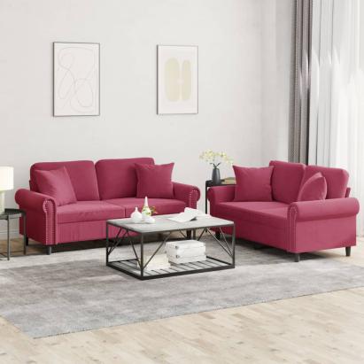 Set canapele cu perne, 2 piese, roșu vin, catifea GartenMobel Dekor