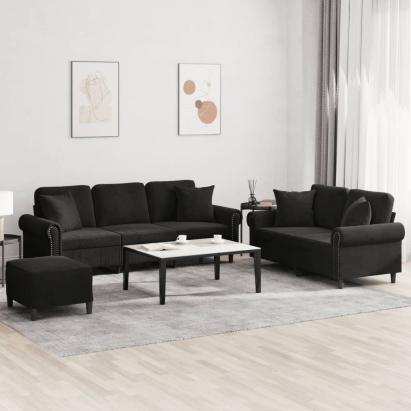 Set de canapele cu perne, 3 piese, negru, catifea GartenMobel Dekor