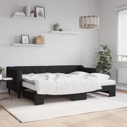 Pat de zi cu extensie și saltele, negru, 80x200 cm, textil GartenMobel Dekor
