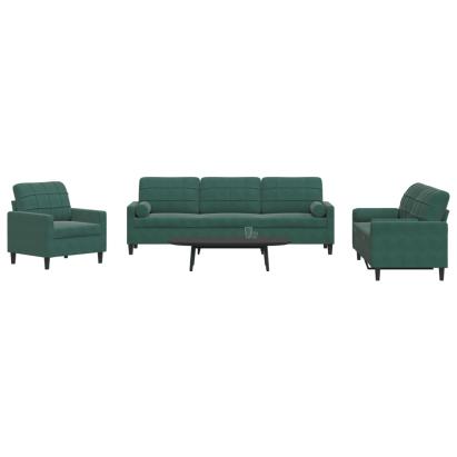 Set canapele cu perne/rulouri, 3 piese, verde închis, catifea GartenMobel Dekor