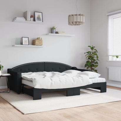 Pat de zi cu extensie și saltele, negru, 80x200 cm, textil GartenMobel Dekor