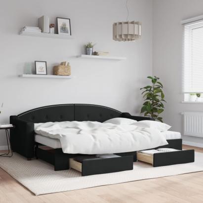 Pat de zi cu extensie și sertare, negru, 80x200 cm, textil GartenMobel Dekor