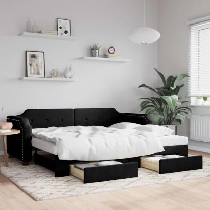 Pat de zi cu extensie și sertare, negru, 80x200 cm, textil GartenMobel Dekor