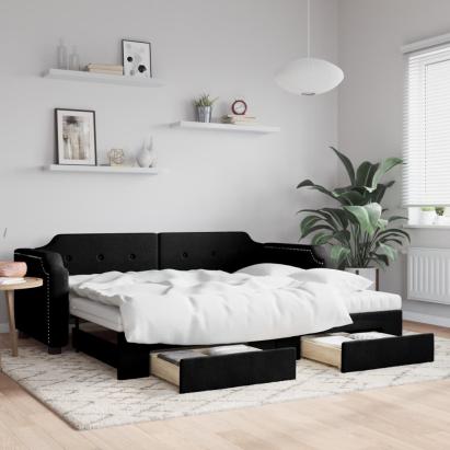 Pat de zi cu extensie și sertare, negru, 80x200 cm, textil GartenMobel Dekor