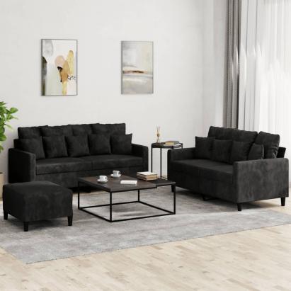 Set de canapele cu perne, 3 piese, negru, catifea GartenMobel Dekor