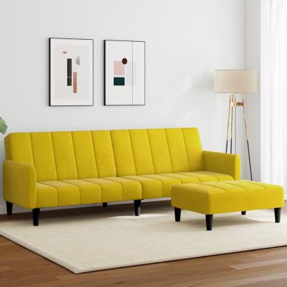 Canapea extensibilă cu taburet, 2 locuri, galben, catifea GartenMobel Dekor