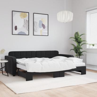 Pat de zi cu extensie și saltea, negru, 80x200 cm, catifea GartenMobel Dekor
