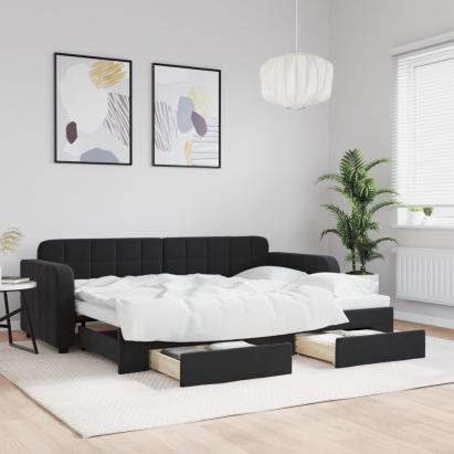 Pat de zi cu extensie și sertare, negru, 80x200 cm, catifea GartenMobel Dekor
