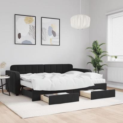 Pat de zi cu extensie și sertare, negru, 80x200 cm, catifea GartenMobel Dekor