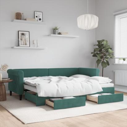 Pat de zi cu extensie și sertare verde închis 80x200 cm catifea GartenMobel Dekor