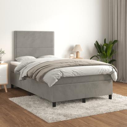 Pat box spring cu saltea, gri deschis, 120x200 cm, catifea GartenMobel Dekor