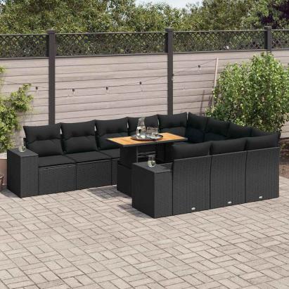 Set canapele de grădină cu perne, 10 piese, negru, poliratan GartenMobel Dekor