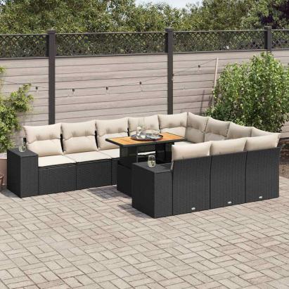 Set canapele de grădină cu perne, 10 piese, negru, poliratan GartenMobel Dekor