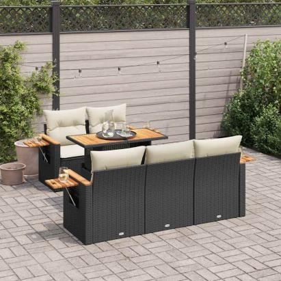 Set mobilier grădină perne 6 piese negru poliratan/lemn acacia GartenMobel Dekor