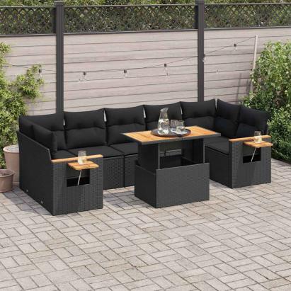 Set mobilier grădină perne 8 piese negru, poliratan/lemn acacia GartenMobel Dekor