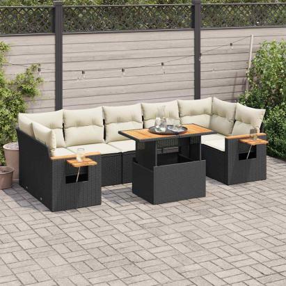 Set mobilier grădină perne 8 piese negru, poliratan/lemn acacia GartenMobel Dekor