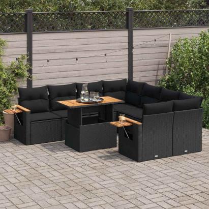 Set mobilier grădină perne 9 piese negru poliratan/lemn acacia GartenMobel Dekor